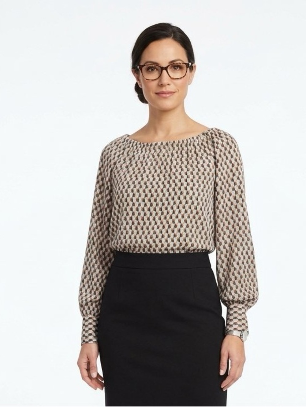 Worthington Taupe and Black Patterned Long-Sleeve Blouse